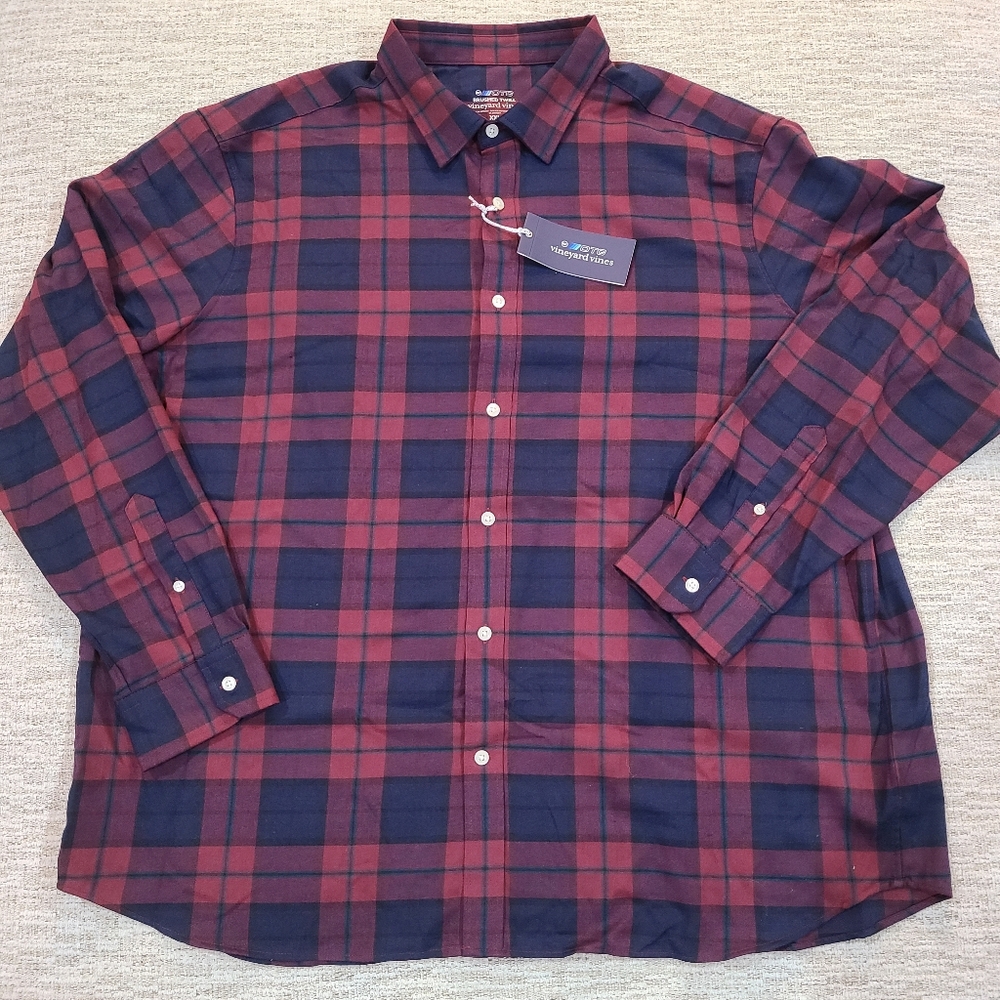 NEW VINEYARD VINES OTG brushed twill classic fit plaid shirt MED Burgundy Navy - Picture 2 of 9